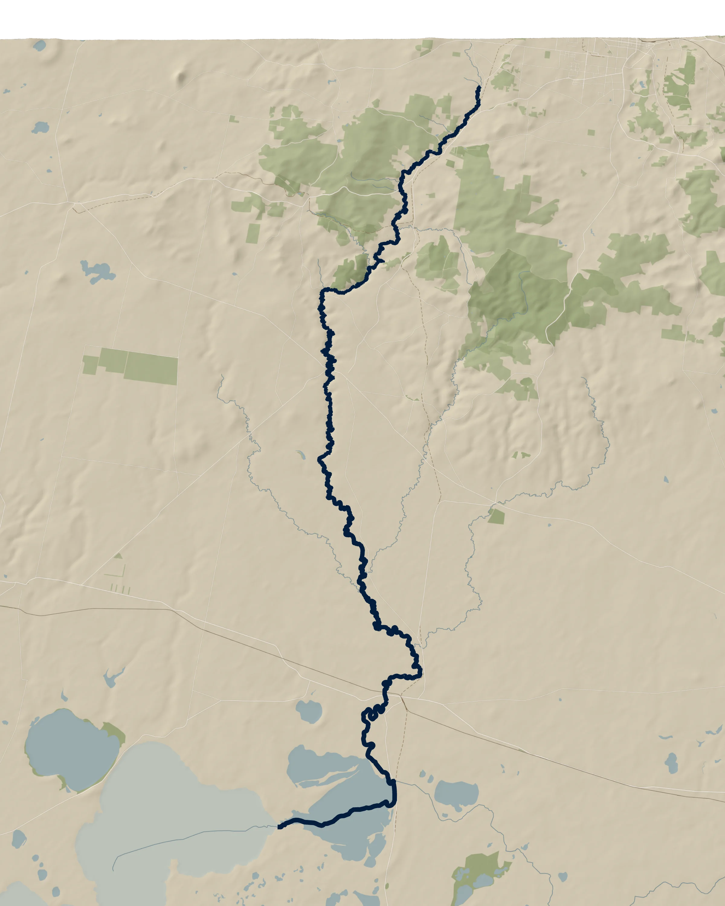 A model of the Woady Yaloak country from the south: the river running down from Haddon at the top, through the wooded hills past Smythesdale and Scarsdale, out across the plain past Pitfield and Cressy, to Lake Martin and Lake Corangamite at the bottom.